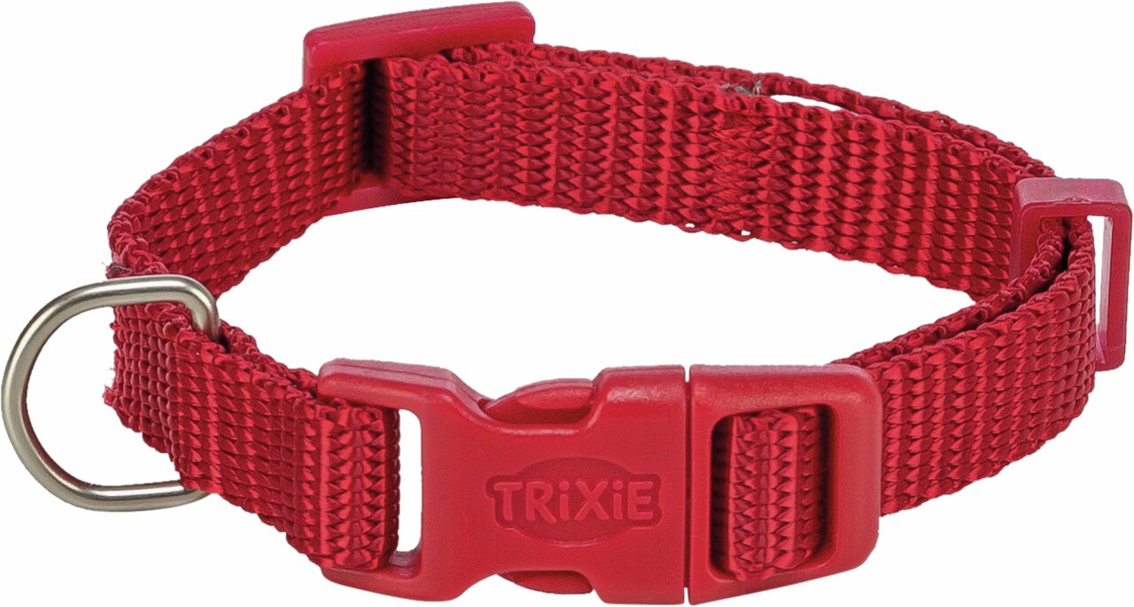 Rotes Hundehalsband von TRIXIE mit Kunststoffverschluss und Metallring, Größe verstellbar. Zielgruppe: Hunde.