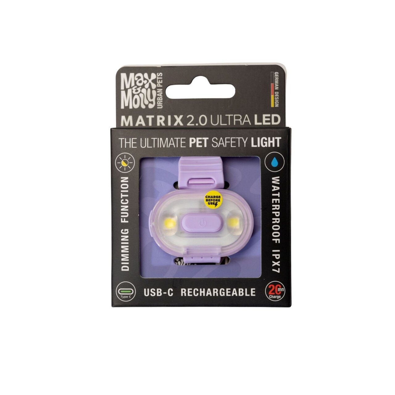 Max & Molly Matrix 2.0 Ultra LED, Sicherheitsleuchte für Hundehalter, lila, wasserdicht, dimmbar, USB-C, 2 Std. Leuchtdauer.