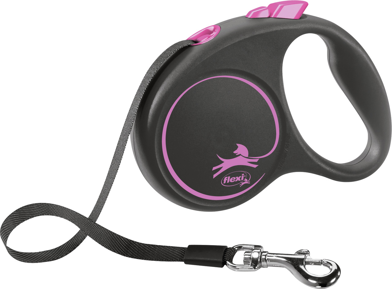 Flexi New Classic Hundeleine, schwarz/pink, ausziehbar (5m), ergonom. Griff, stabiler Metallkarabiner, für Hunde.
