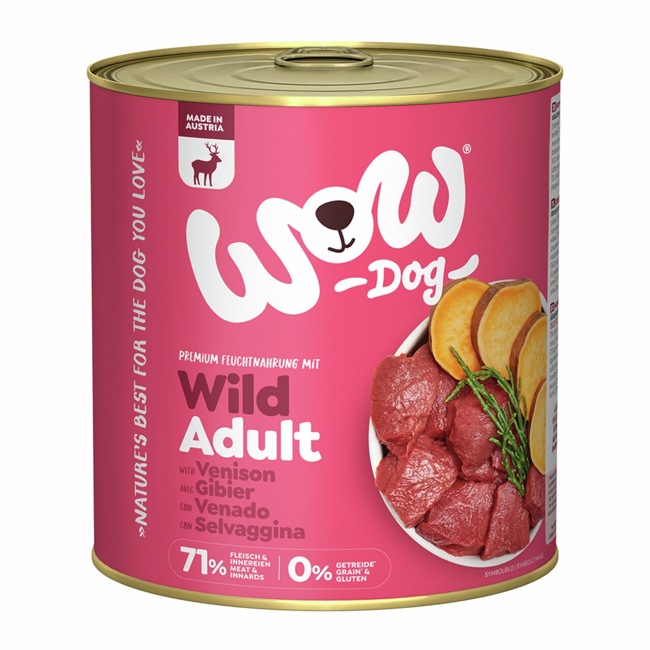 WOW DOG Wild Adult: Premium-Feuchtnahrung für ausgewachsene Hunde, Wild (Venison), 71 % Fleisch, getreide- & glutenfrei, 400 g.