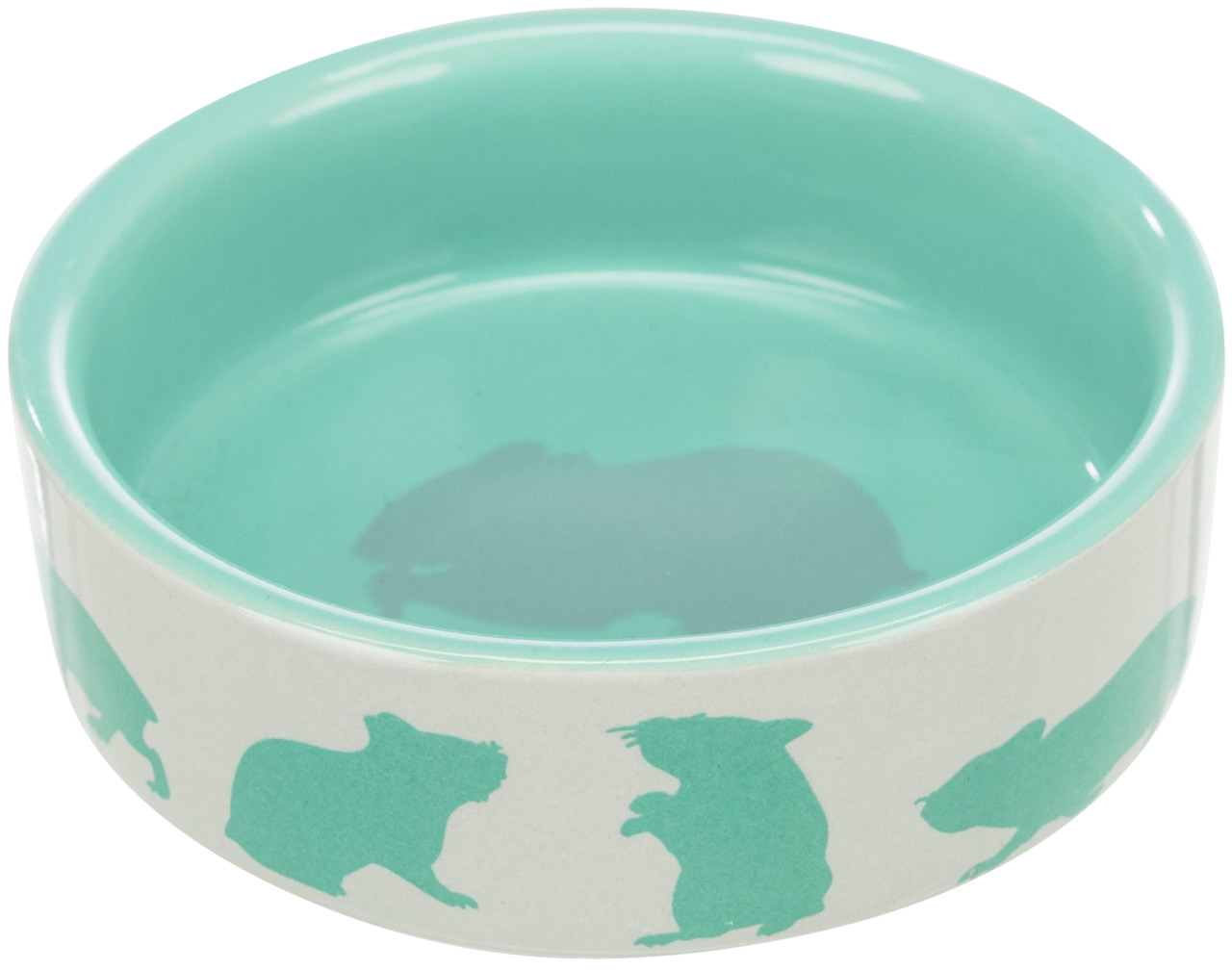 Keramiknapf von TRIXIE für Kleintiere, ideal für Hamster, Mäuse und andere Nager. Der Napf ist in einem ansprechenden Türkis gehalten und mit Silhouetten von Nagetieren verziert. Perfekt für Futter oder Wasser, robust und leicht zu reinigen. Fassungsvermö
