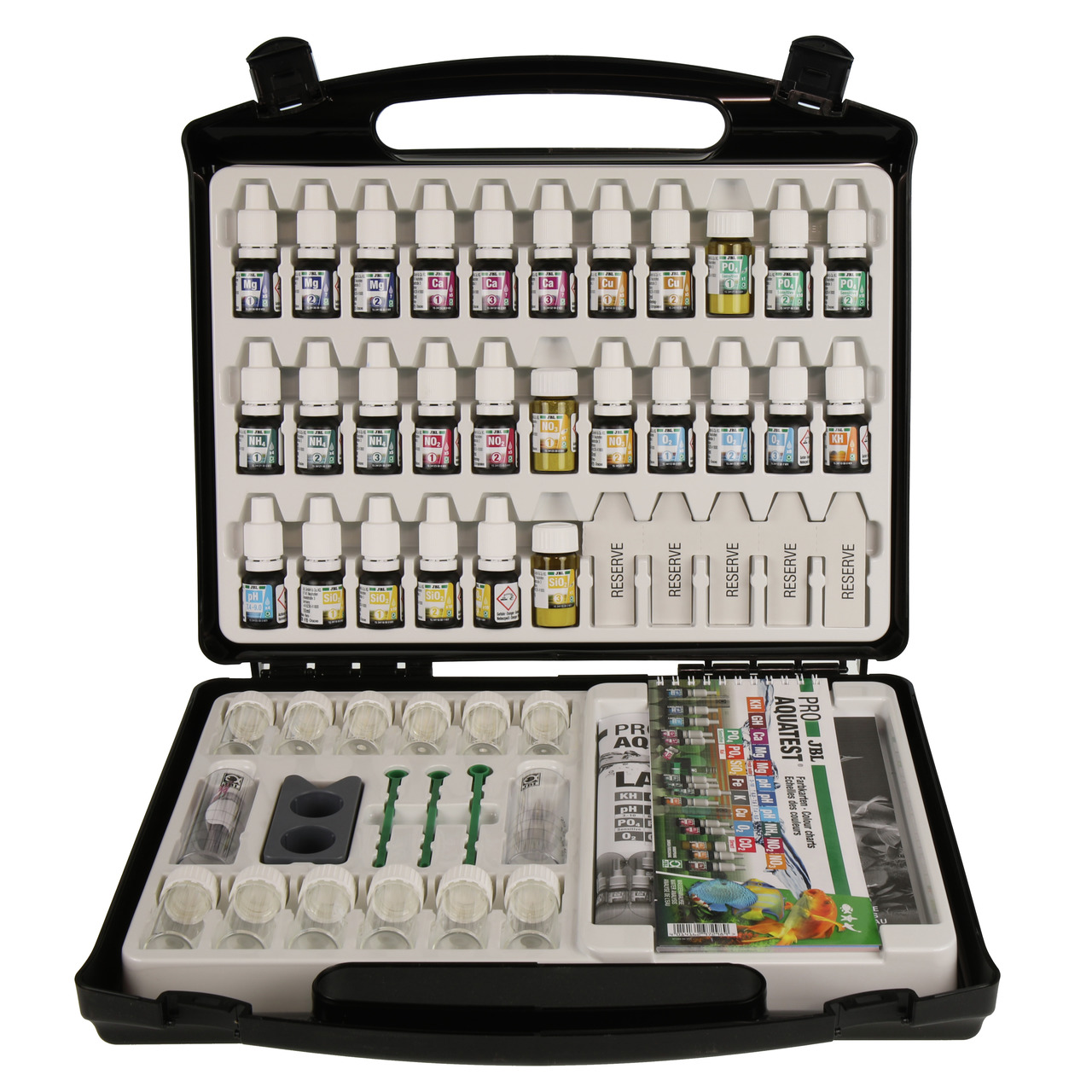 JBL ProAquaTest Lab-Set: Wassertest-Kit für Aquarien-Teiche, 14 Tests, inkl. Reagenzien, Messgläser, Spritzen, Zubehör.