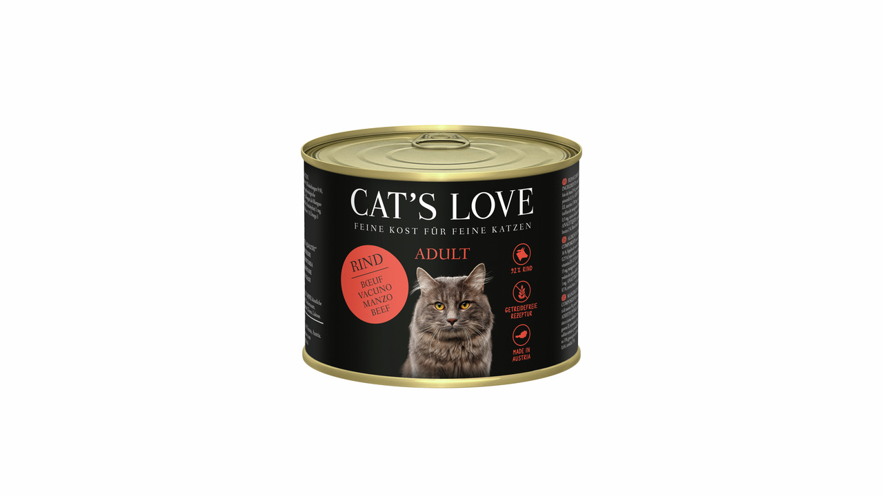 Das Bild zeigt eine schwarze Dose des Katzenfutters „Cat's Love“ mit goldfarbenem Deckel. Es handelt
