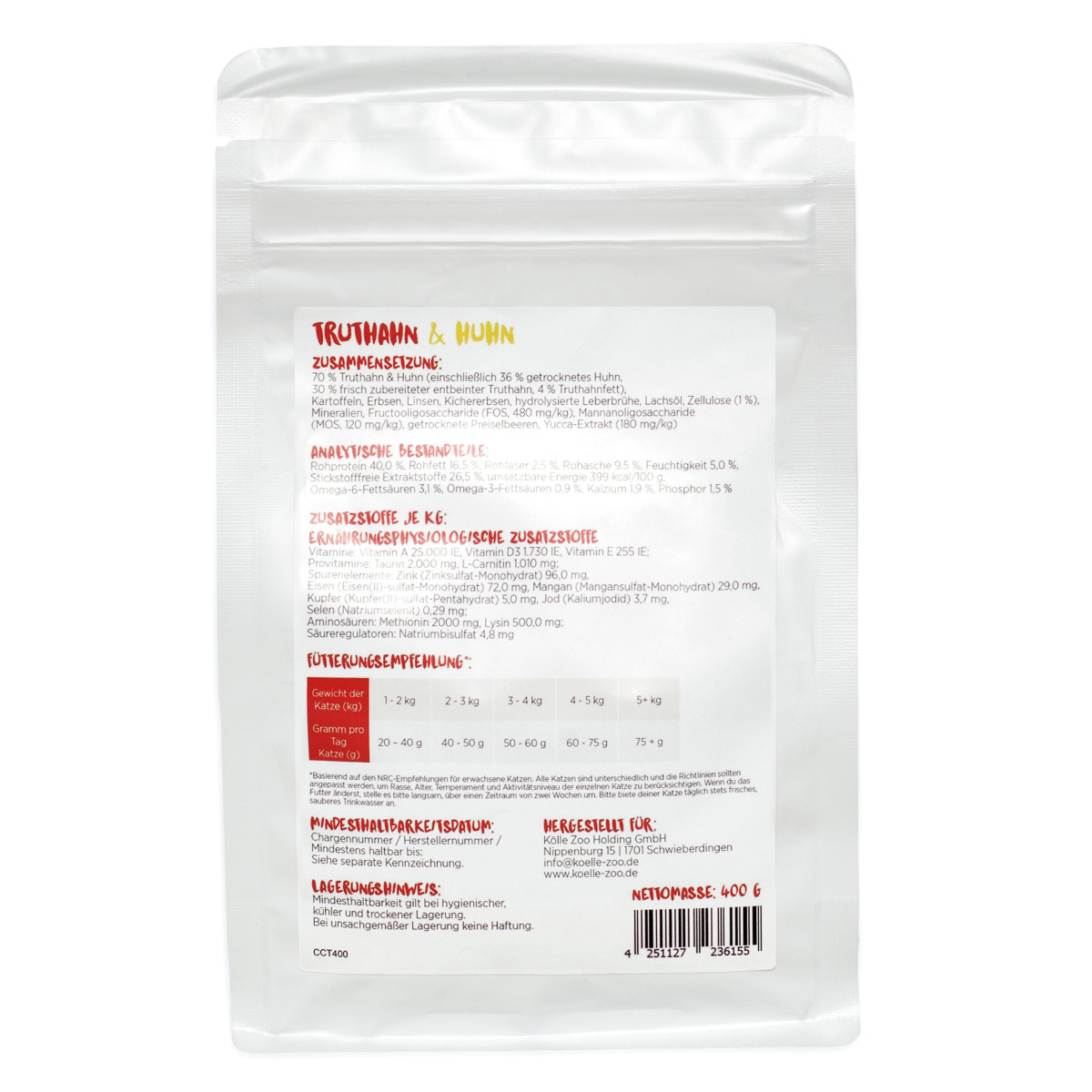 Koelle Zoo MINCAS HÄPPCHEN, Katzenfutter, Truthahn & Huhn, 400 g, mit Angaben zu Zusammensetzung, Bestandteilen & Fütterungsempfehlungen.