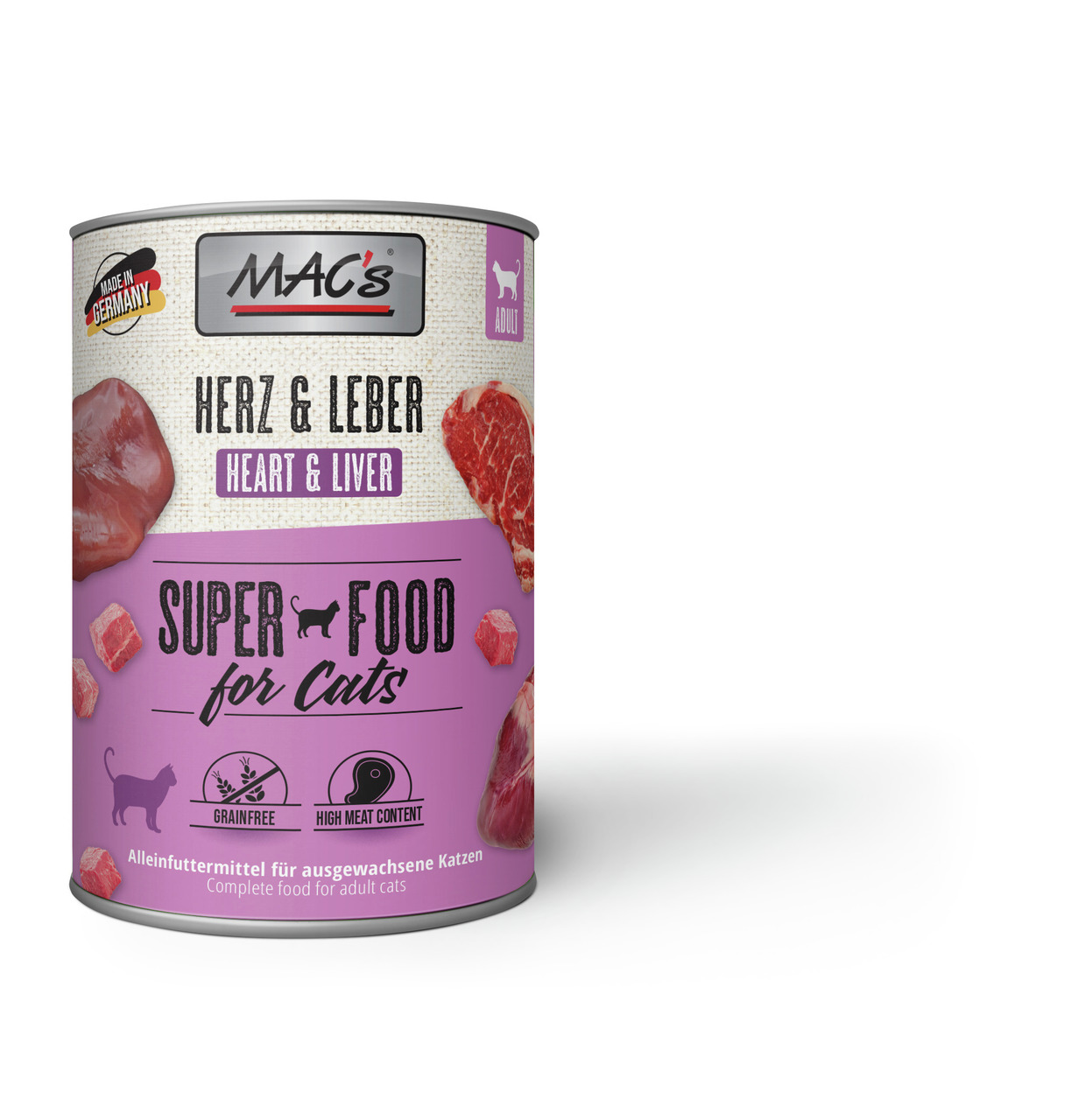 MAC's Katzenfutter Herz & Leber, Alleinfutter f. erw. Katzen, getreidefrei, hoher Fleischanteil, 400 g.
