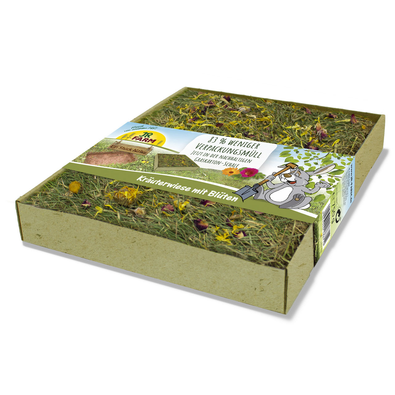 JR FARM Kräuterwiese m. Blüten, Futter f. Kaninchen-Meerschweinchen, nat. Mischung, 83 % weniger Verpackungsmüll.