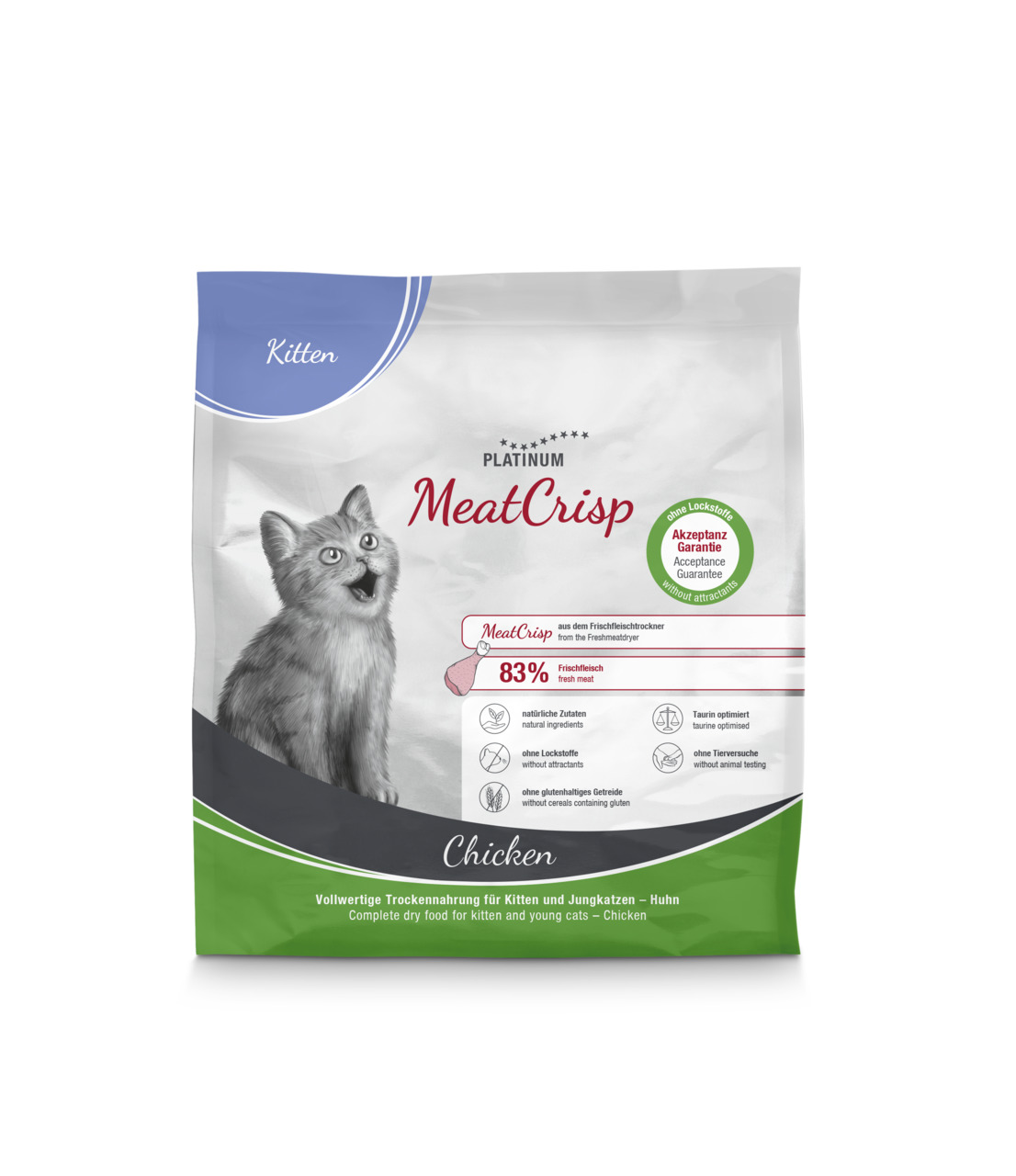 PLATINUM MeatCrisp Katzenfutter für Kitten & junge Katzen, Huhn, 83 % Frischfleisch, natürliche Zutaten, ohne Lockstoffe, getreidefrei.