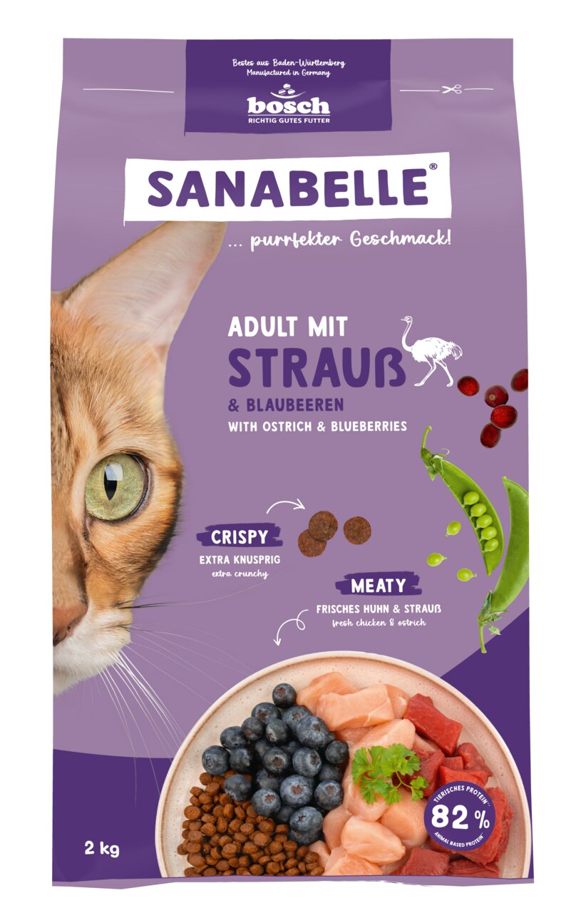 Bosch Sanabelle Adult Strauß & Blaubeeren, für ausgewachsene Katzen, 82 % Protein, knusprig, mit Huhn, Strauß, Blaubeeren, 2 kg.