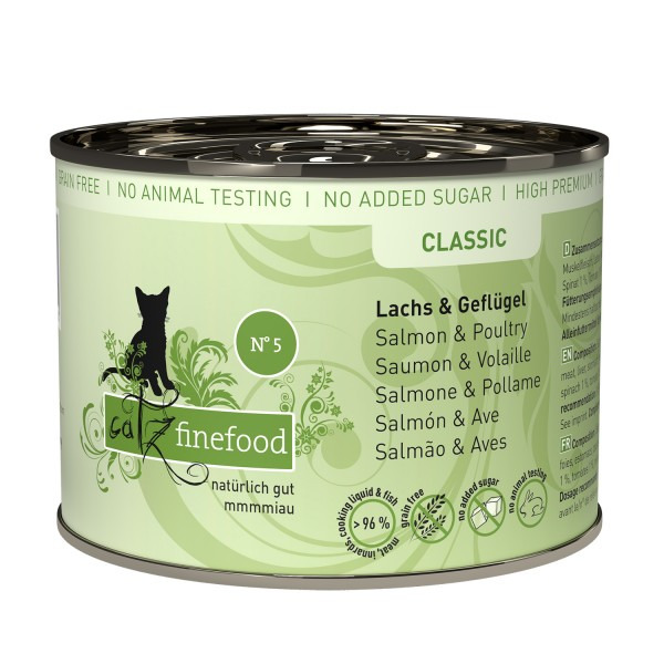 Catz finefood Classic Nr. 5, Katzenfutter, Lachs & Geflügel, getreidefrei, ohne Zucker, keine Tierversuche, 200 g.