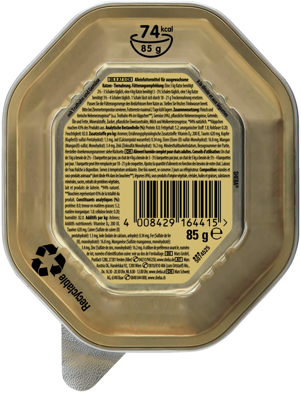 Sheba Katzenfutter, Alleinfuttermittel f. ausgew. Katzen, 85 g, 74 kcal, hochwertige Nahrung f. anspruchsvolle Katzenbesitzer.
