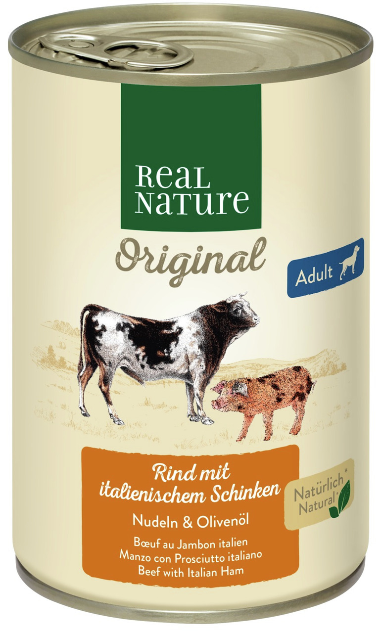 Real Nature Original Hundefutter, Rind mit ital. Schinken, Nudeln & Olivenöl, für erw. Hunde, 400 g, ohne künstl. Zusätze.