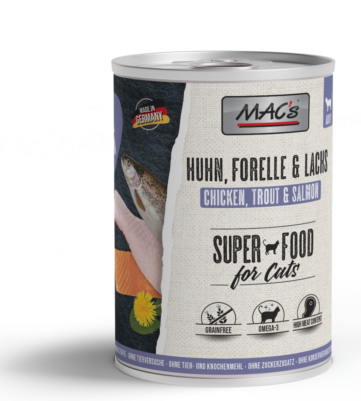 Das Bild zeigt eine Dose Katzenfutter der Marke MAC's mit der Geschmacksrichtung Huhn, Forelle und Lachs. Die Zielgruppe sind Katzen. Auf der Verpackung stehen Werbeaussagen wie „Super Food for Cats“, „Getreidefrei“, „Omega-3“ und „Hoher Fleischanteil“. D