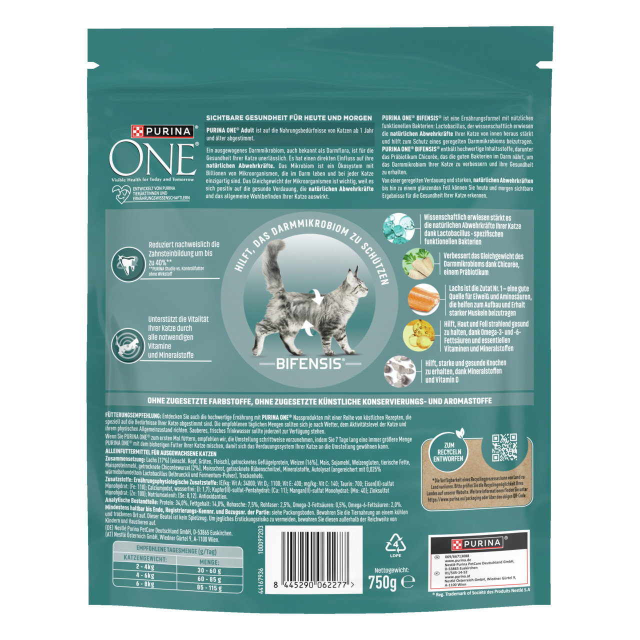 Das Bild zeigt die Rückseite einer Verpackung des Katzenfutters „Purina ONE Bifensis Adult“. Zielgruppe sind ausgewachsene Katzen ab 1 Jahr. Geschmacksrichtung: Lachs und Vollkorngetreide. Die Verpackung hebt die Unterstützung des Darmmikrobioms, Zahngesu