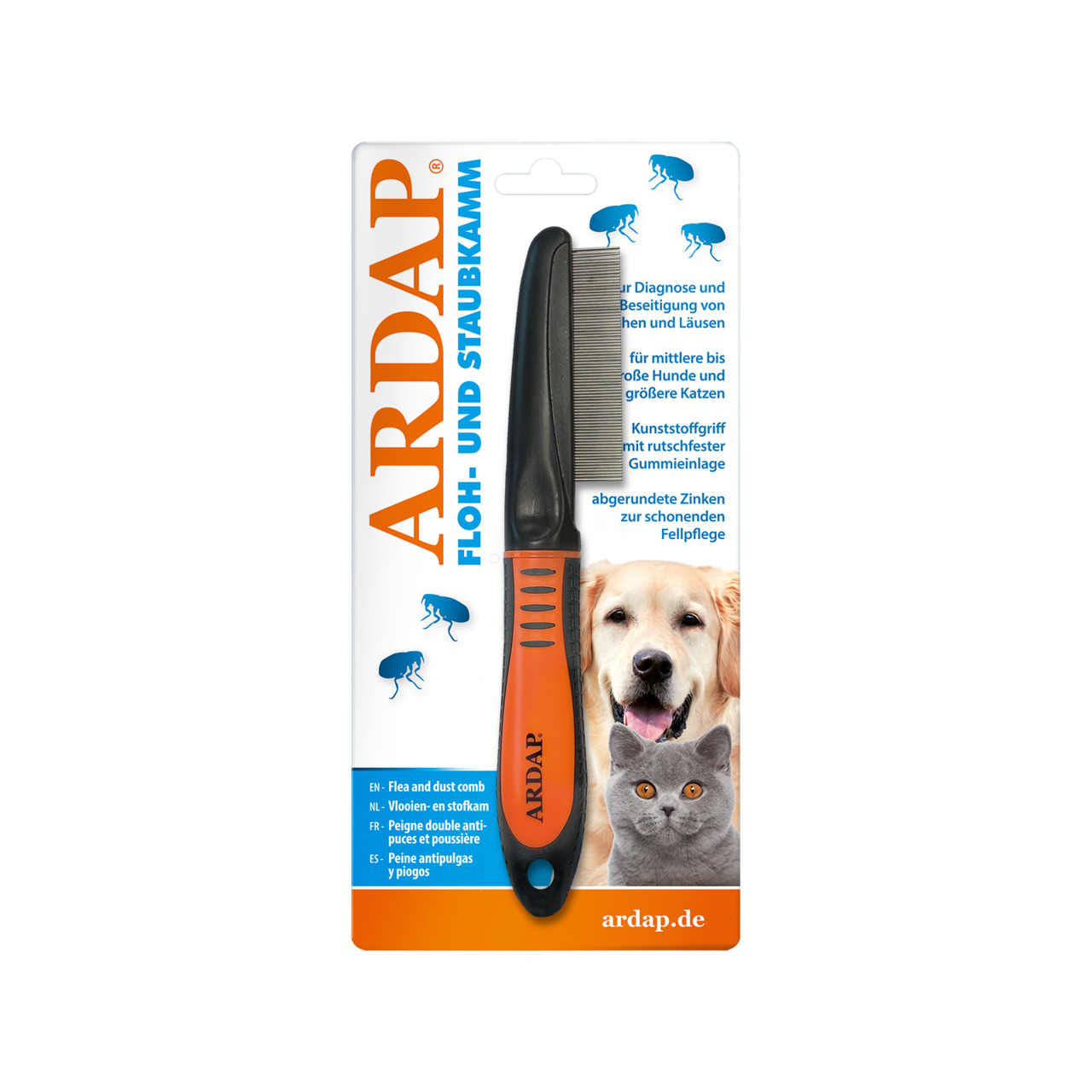 Das Bild zeigt den ARDAP Floh- und Staubkamm, ein Produkt für die Fellpflege von Haustieren wie mittelgroßen Hunden und größeren Katzen. Der Kamm hat einen ergonomischen Kunststoffgriff mit rutschfester Gummieinlage und abgerundete Zinken, die eine schone
