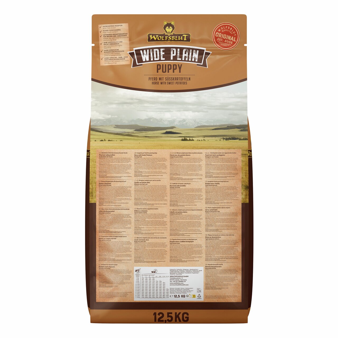 WOLFSBLUT Wide Plain Puppy Hundefutter, für Welpen, Geschmacksrichtung Pferd mit Süßkartoffeln, 12,5 kg Packung, hochwertig und nährstoffreich.