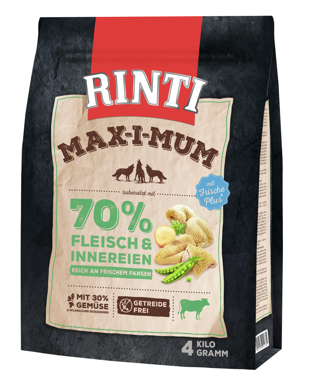 RINTI Max-i-mum Hundefutter, 4 kg, 70 % Fleisch & Innereien (frischer Pansen), getreidefrei, 30 % Gemüse, mit „Frische Plus“.