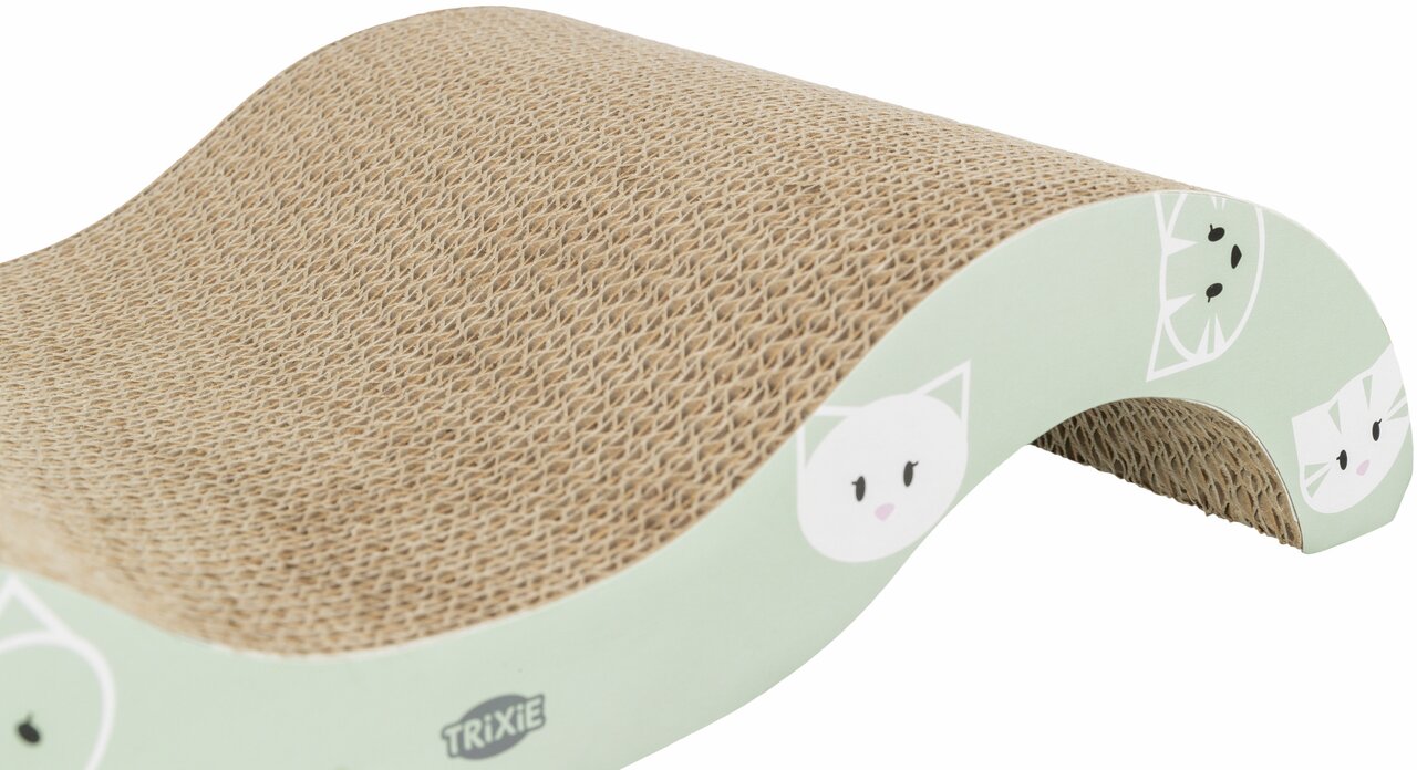 Wellensofa aus Wellpappe von TRIXIE für Katzen. Zielgruppe: Katzen jeden Alters. Das Produkt dient als Kratzmöbel und Liegefläche, ideal zur Krallenpflege. Design mit niedlichen Katzenmotiven auf mintgrünem Hintergrund. Maße und Menge nicht erkennbar.