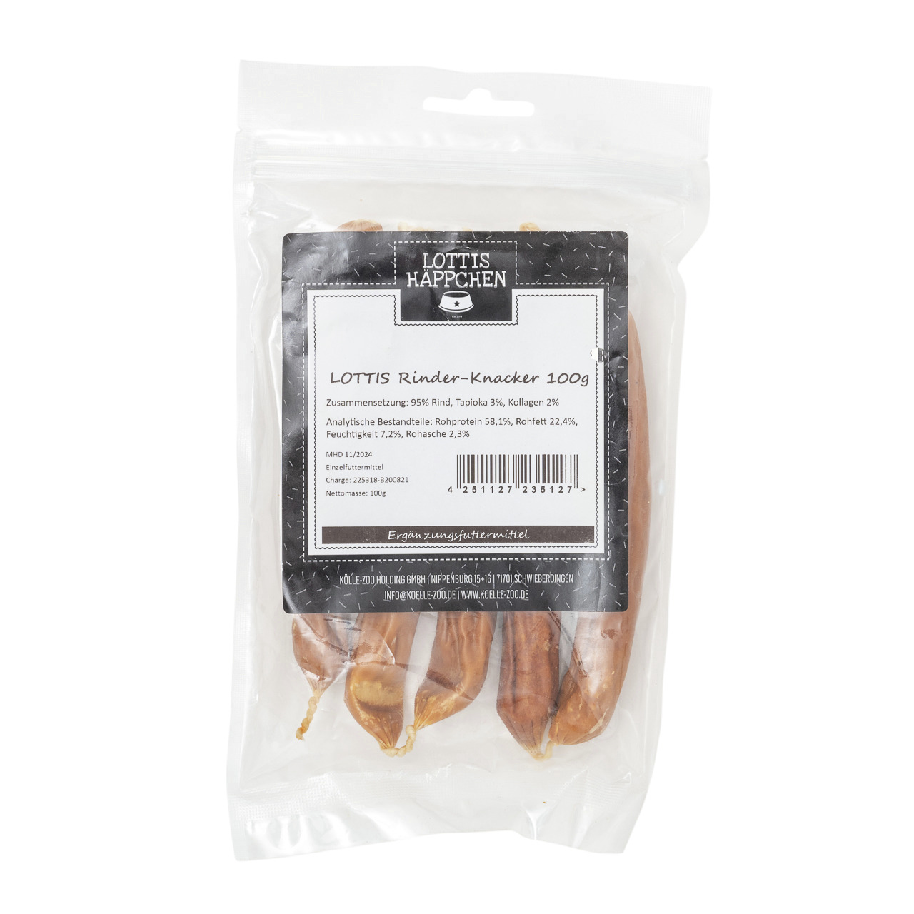 LOTTIS HÄPPCHEN Rinder-Knacker, 100 g, für Hunde, 95 % Rind, 3 % Tapioka, 2 % Kollagen, mit Angaben zu Inhaltsstoffen.