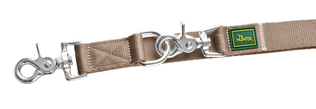 HUNTER Hundeleine, Nylon, beige, 2 Karabiner, grün-gelbes Logo, für alle Hunde, stabil & langlebig, ideal für Spaziergänge, EAN: 4016739696892.