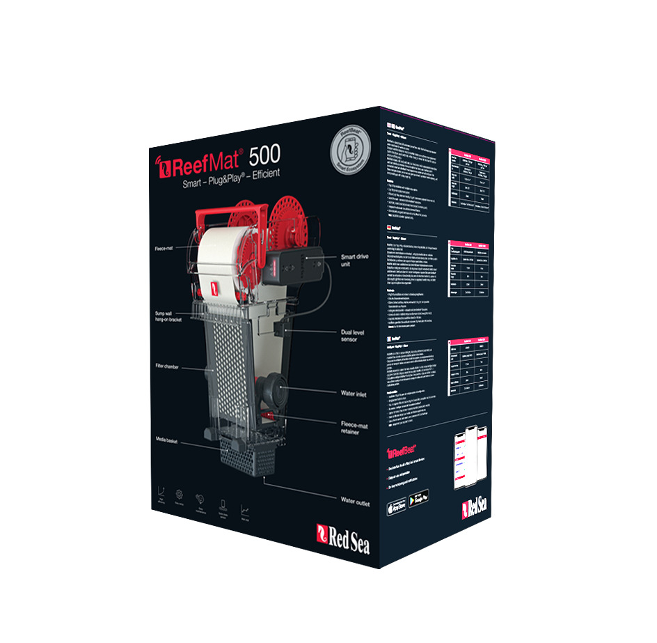 Das Bild zeigt die Verpackung des Produkts „ReefMat 500“ der Marke Red Sea. Es handelt sich um einen automatischen Vliesfilter für Meerwasseraquarien, der für Aquarienbesitzer entwickelt wurde. Auf der Verpackung sind technische Details wie ein dualer Was