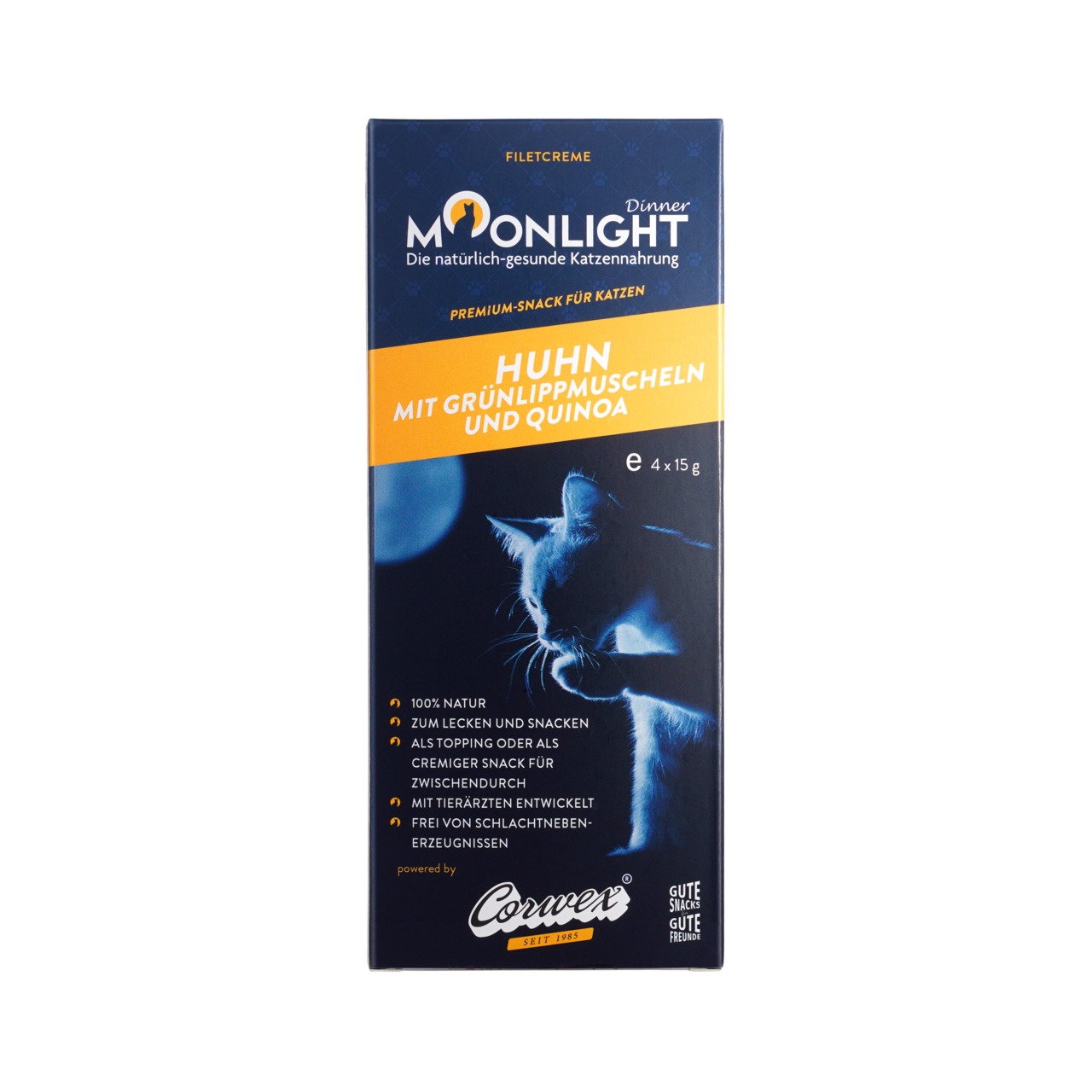Moonlight Dinner Filetcreme für Katzen, Huhn+Grünlippmuschel+Quinoa, 100 % Natur, mit Tierärzten, ohne Schlachtnebenprod., 4x15 g.