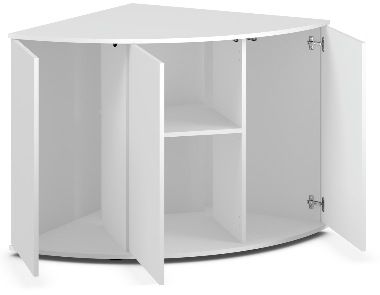 Eckunterschrank von JUWEL in Weiß mit vier geöffneten Türen, die einen geräumigen Innenraum mit zwei Ebenen zeigen. Der Schrank ist speziell für die Aufbewahrung in Ecken konzipiert und bietet eine platzsparende Lösung. Ideal für Wohn- oder Arbeitsbereich