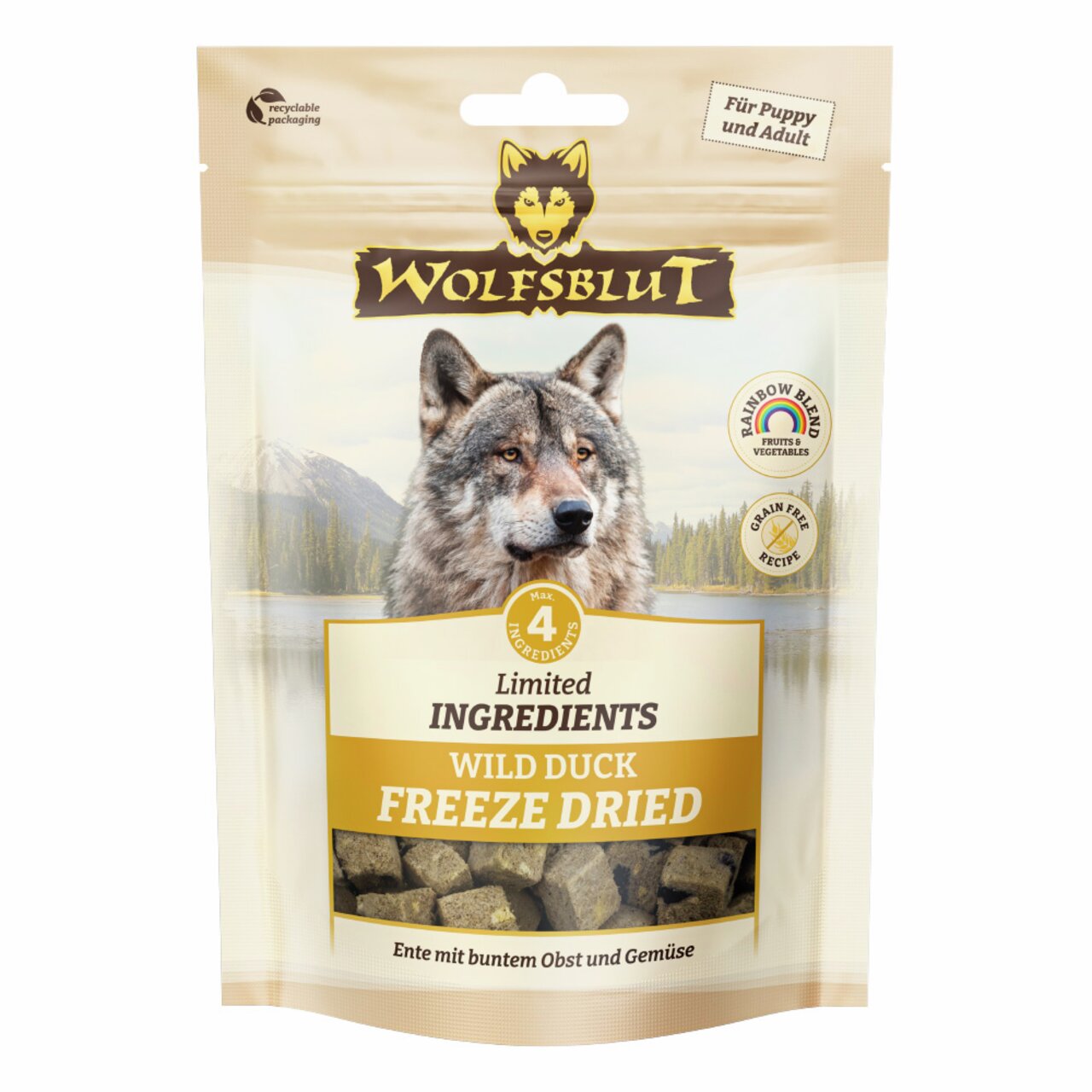 Wolfsblut Wild Duck Freeze Dried für Hunde, Ente mit Obst und Gemüse, getreidefrei, für Welpen und Erwachsene, 225 g.