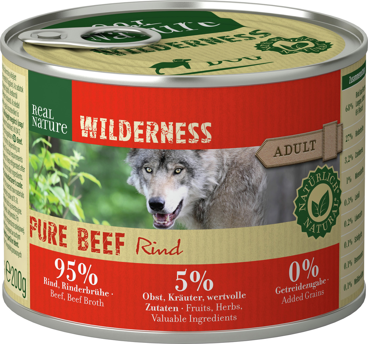 REAL NATURE WILDERNESS PURE BEEF, 200g, für erw. Hunde, 95% Rind, 0% Getreide, mit Obst & Kräutern, rot-grüne Dose mit Wolf-Bild.