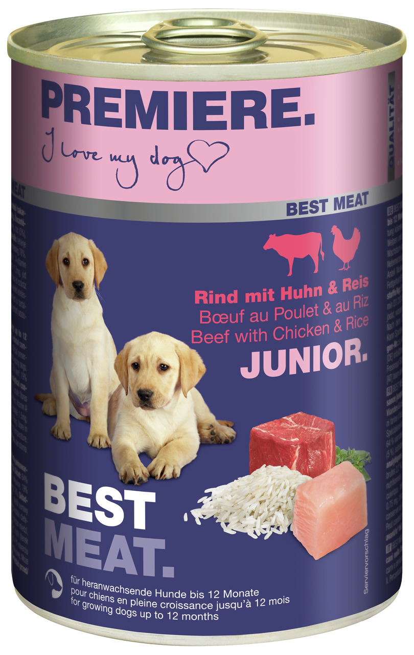 PREMIERE Junior Hundefutter, heranwachsende Hunde bis 12 Monate, Rind mit Huhn & Reis, 400 g, "Best Meat", "I love my dog".