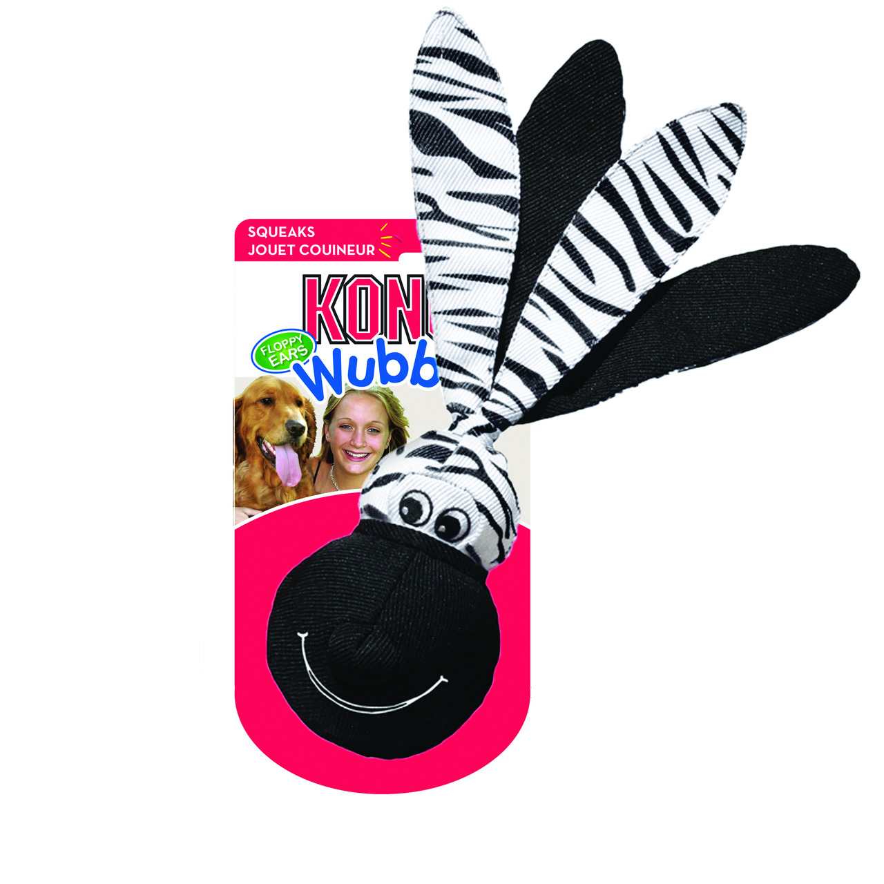 KONG Wubba Floppy Ears Hundespielzeug, Zebra-Design, mit Quietscher, lange Ohren für leichtes Spielen.