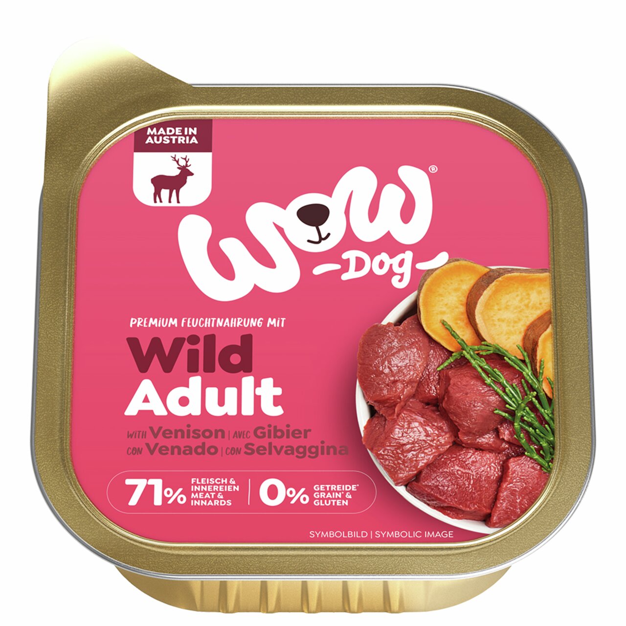 WOW Dog Wild Adult, Premium-Hundefutter für ausgewachsene Hunde, Geschmacksrichtung Wild, 71% Fleisch, 100g.