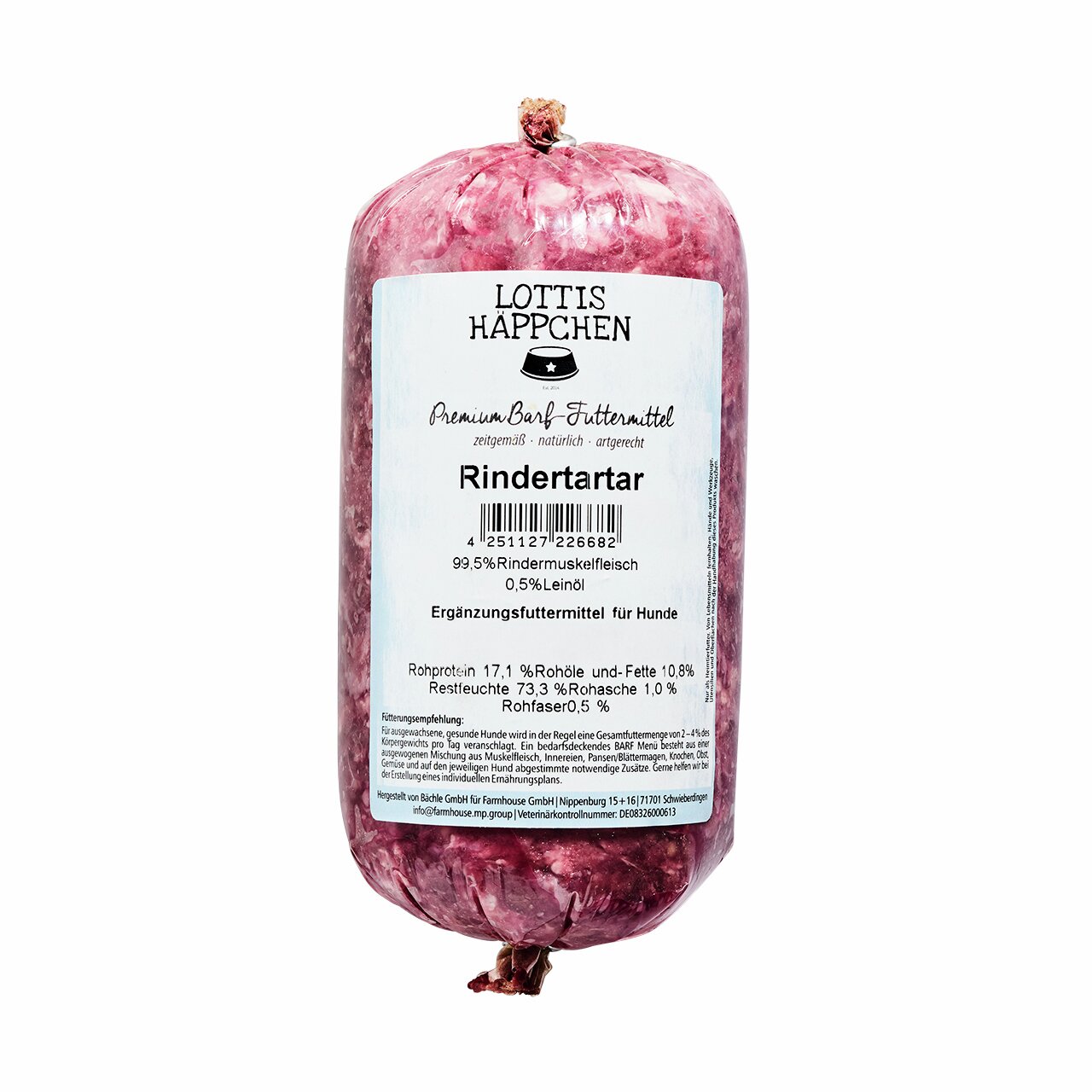 Lottis Häppchen Rindertartar, Ergänzungsfutter f. Hunde, 99,5 % Rind, 0,5 % Leinöl, Premium-Barf, natürlich & artgerecht.