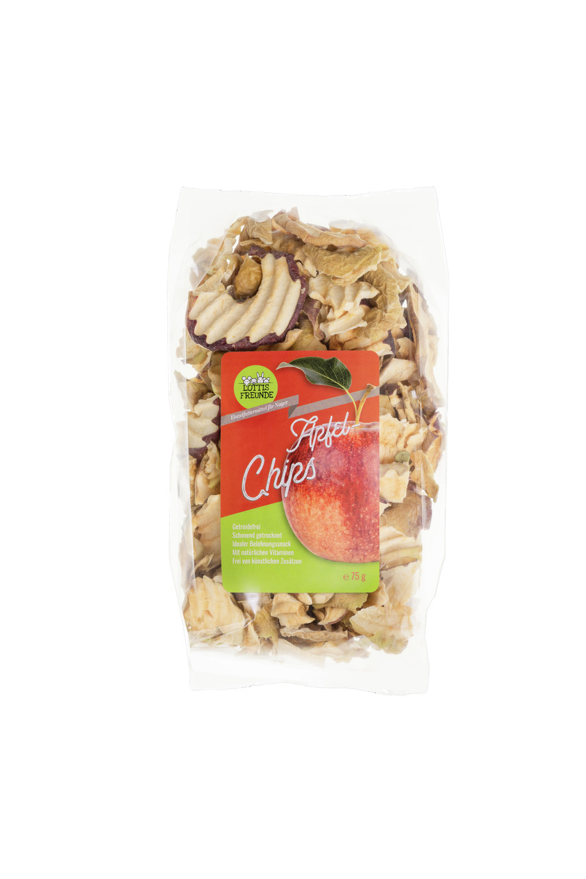 Das Bild zeigt eine transparente Verpackung mit getrockneten Apfelchips der Marke "Lottis Freunde". Das Produkt ist für Haustiere geeignet und enthält 75 g getreidefreie, schonend getrocknete Apfelscheiben. Es wird als natürlicher Belohnungssnack mit Vita
