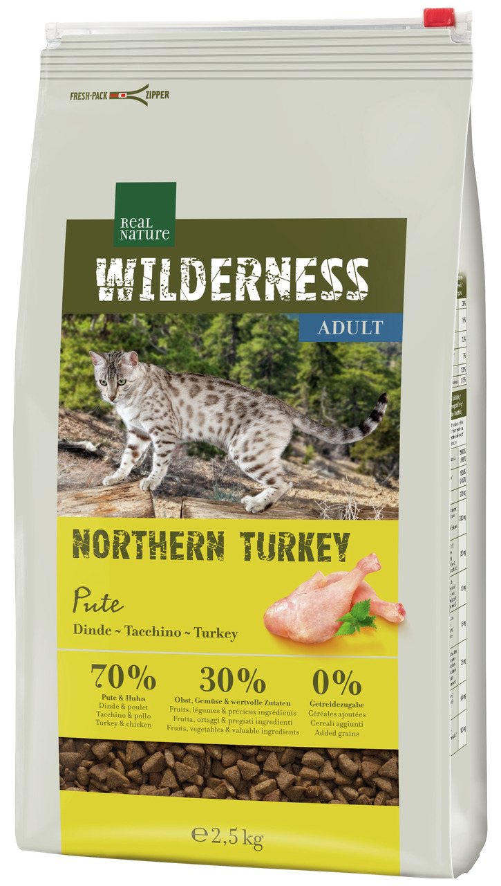 Real Nature Wilderness Katzenfutter Adult, 2,5 kg, Northern Turkey (Pute), 70 % Pute & Huhn, 30 % Obst/Gemüse, 0 % Getreide, Zipper.