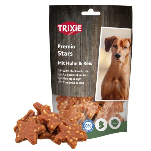 TRIXIE Premio Stars, Hundesnack für ausgewachsene Hunde, Huhn & Reis, Sternform, wiederverschließbar, 75 g.
