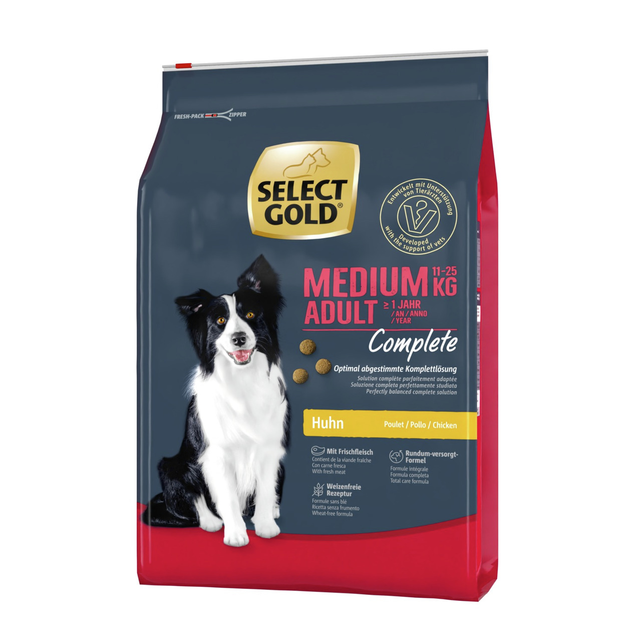 Select Gold Medium Adult Complete, Huhn, mittelgr. Hunde (1+ J., 11–25 kg), 3 kg, Frischfleisch, weizenfrei, rundum-versorgende Formel.