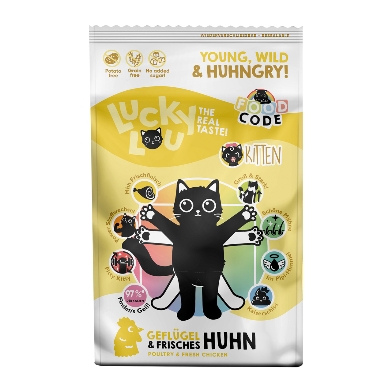 Das Bild zeigt eine Verpackung des Katzenfutters „Lucky Lou – Geflügel & Frisches Huhn“ für Kätzchen (Kitten). Die Zielgruppe sind junge Katzen. Das Produkt ist getreidefrei, zuckerfrei und enthält frisches Hühnerfleisch. Auf der Verpackung steht „Young, 