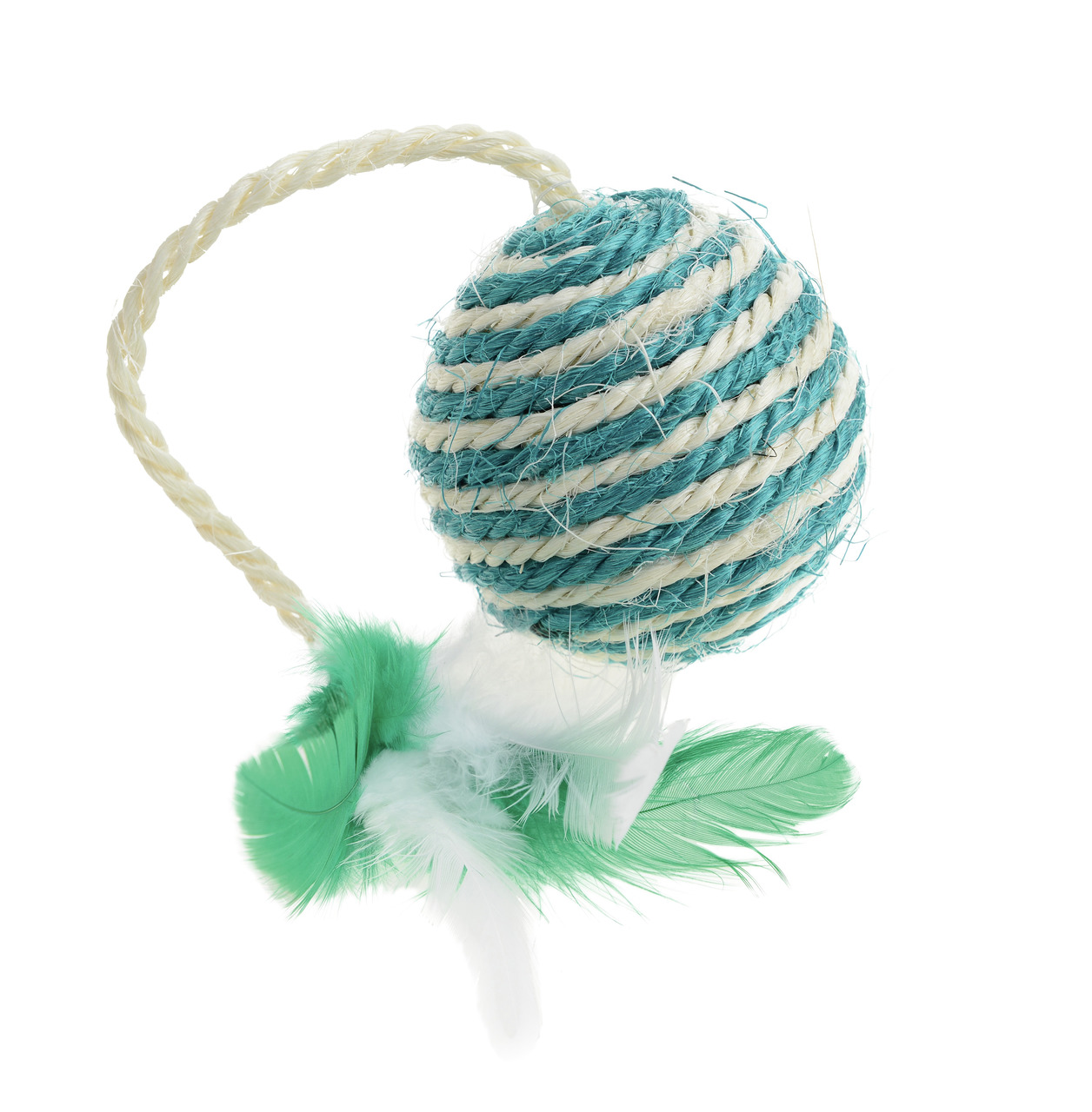 Das Bild zeigt das AniOne Katzenspielzeug mit der EAN 4047777135494. Es handelt sich um einen Ball aus robustem, blau-weißem Sisal, der mit grünen und weißen Federn sowie einer Kordel ausgestattet ist. Dieses Spielzeug ist speziell für Katzen entwickelt, 