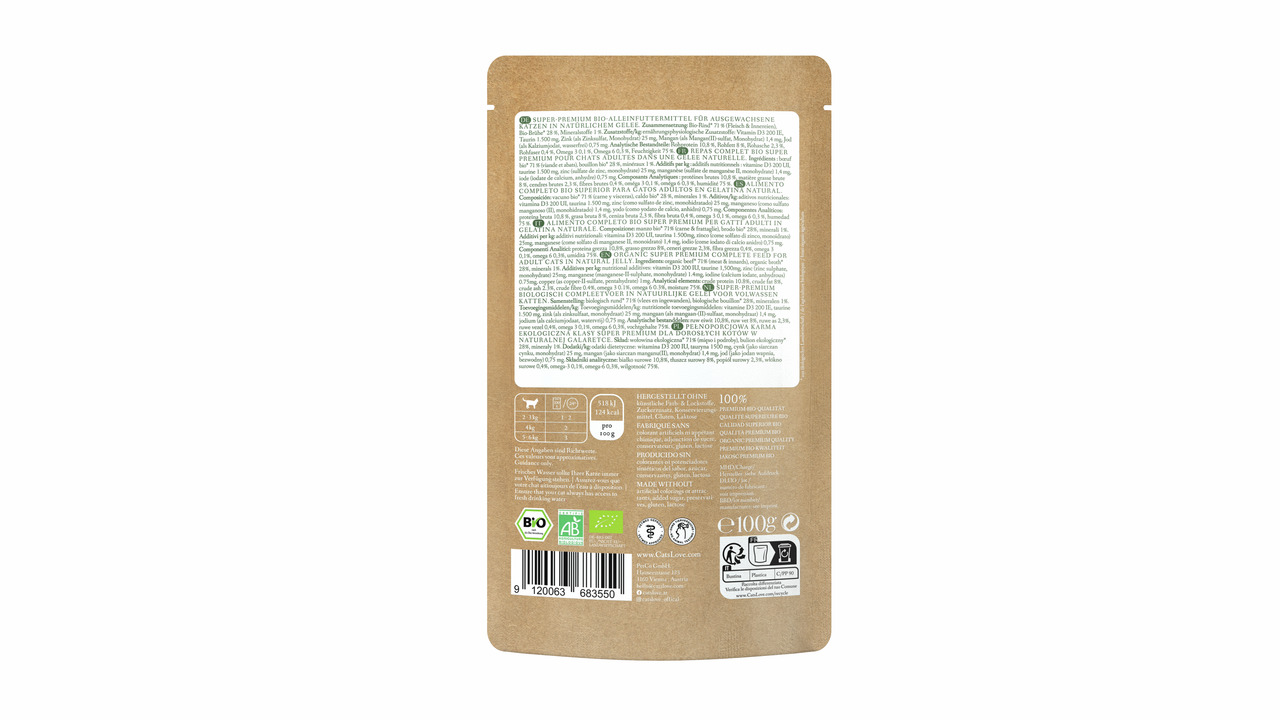 Das Bild zeigt die Rückseite einer braunen Verpackung des Produkts „Cat's Love Bio Alleinfuttermittel“. Es handelt sich um Katzenfutter für ausgewachsene Katzen. Die Geschmacksrichtung ist nicht direkt erkennbar. Die Verpackung enthält 100 g und weist Bio