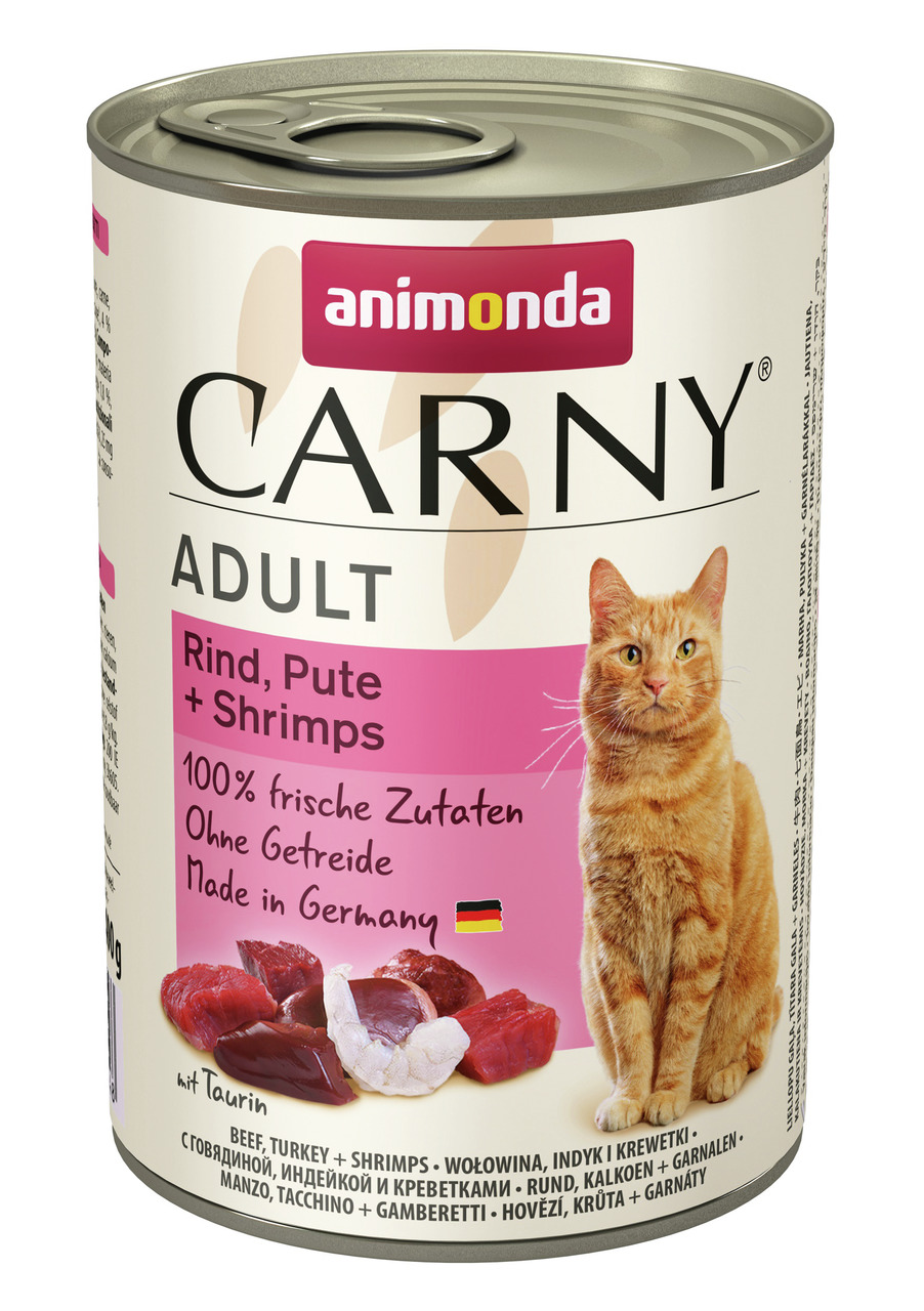 Animonda Carny Adult Katzenfutter, Rind-Pute-Shrimps, 100 % frische Zutaten, ohne Getreide, Made in Germany, 400 g.