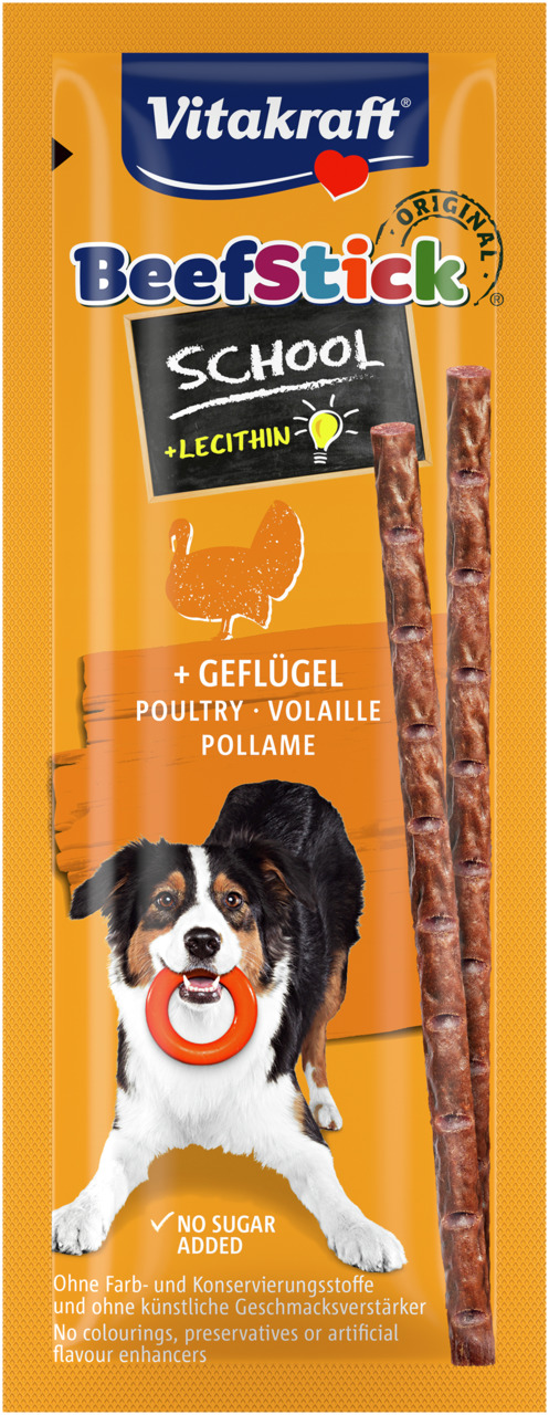 Vitakraft Beef Stick School, Hundesnack, Geflügelgeschmack, mit Lecithin, ohne Zuckerzusatz, Farb--Konservierungsstoffe, 1 Stück.
