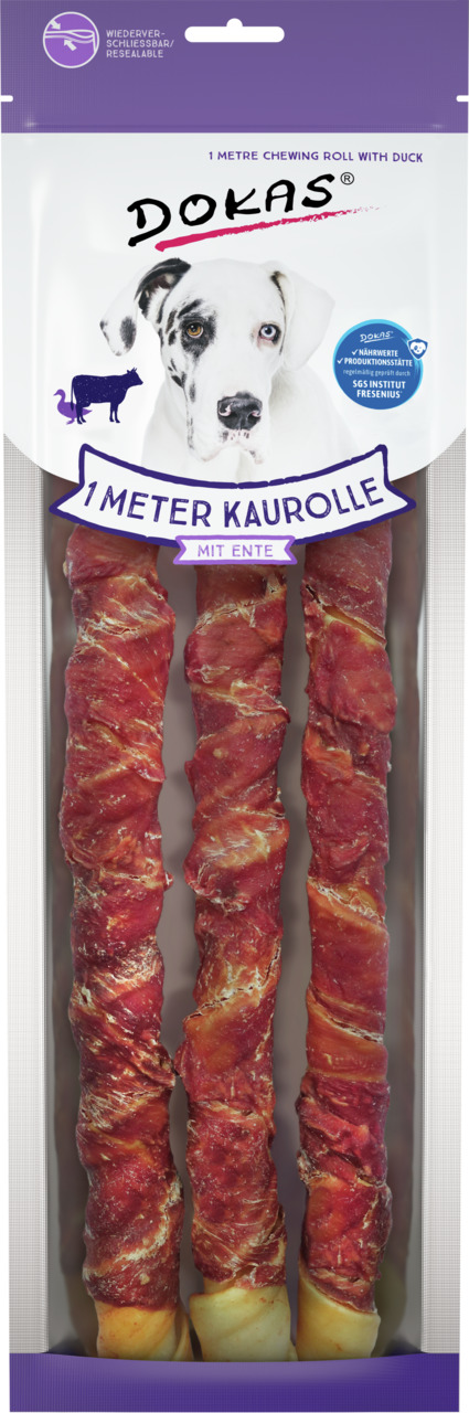 DOKAS 1m Kaurolle Ente, Kausnack f. Hunde, 3 Rollen, wiederverschließbar, schmackhaft & langanhaltend.