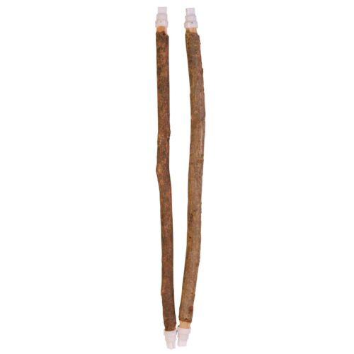 Zwei TRIXIE-Nagestangen aus natürlichem Holz, geeignet für Kleintiere wie Kaninchen oder Meerschweinchen. Die Stangen fördern den natürlichen Nagetrieb und unterstützen die Zahnpflege. Jede Stange ist mit Kunststoffhalterungen versehen, um sie sicher im K