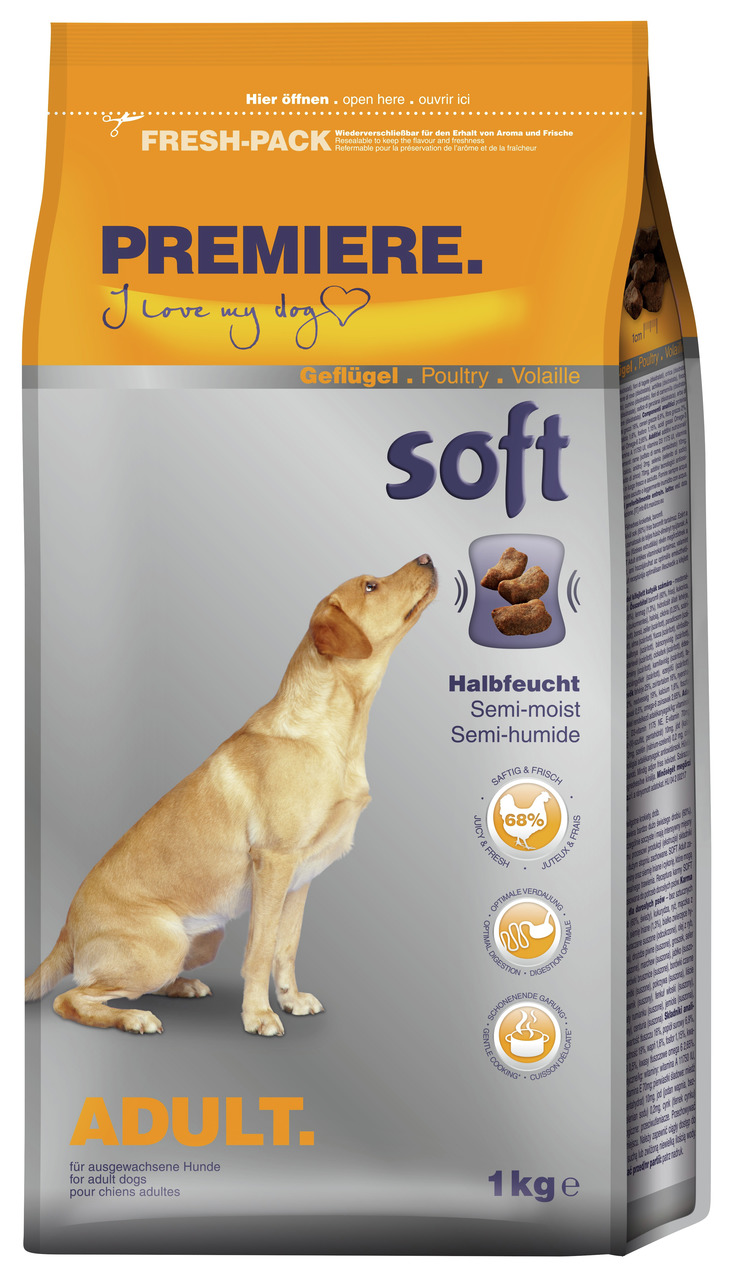 PREMIERE Soft Geflügel, Hundefutter f. ausgew. Hunde, 1 kg, halbfeucht, 68 % Frische, leicht verdaulich, „I love my dog“.
