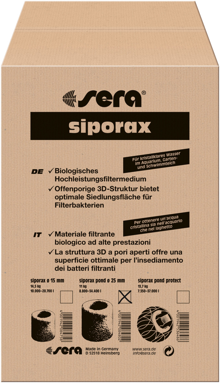 sera siporax: Bio-Filtermedium für Aquarien, Teiche & Schwimmteiche, 3D-Struktur, versch. Größen (z.B. Ø 15 mm, 14,5 kg), von sera.