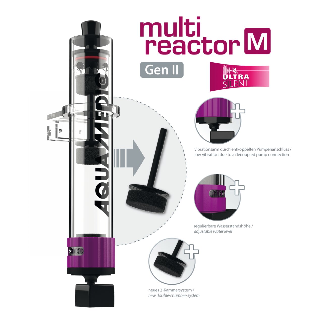 Aqua Medic Multi Reactor M Gen II: Zubehör für Aquarien, vibrationsarm, 2-Kammer-System, regulierbare Wasserhöhe, transparent, violett.