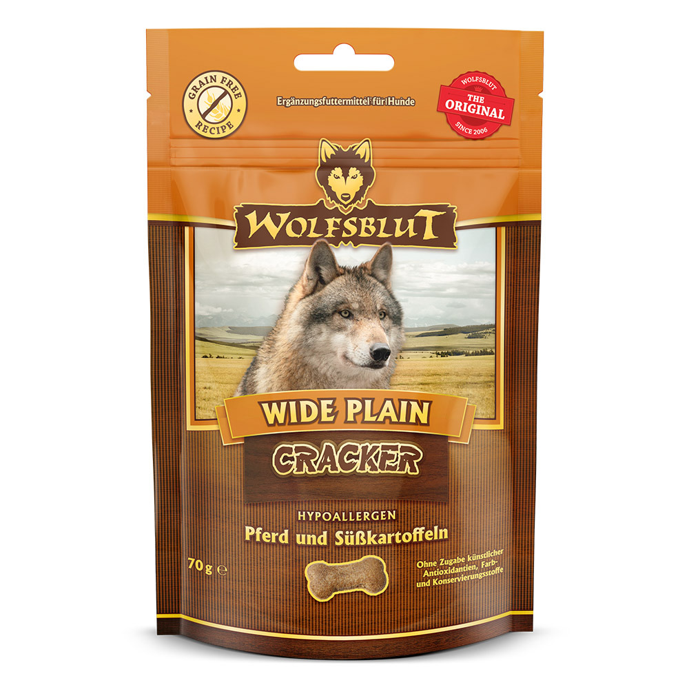 Wolfsblut Wide Plain Cracker: hypoallergene Hundesnacks mit Pferd & Süßkartoffeln, getreidefrei, 70 g, für Hunde.
