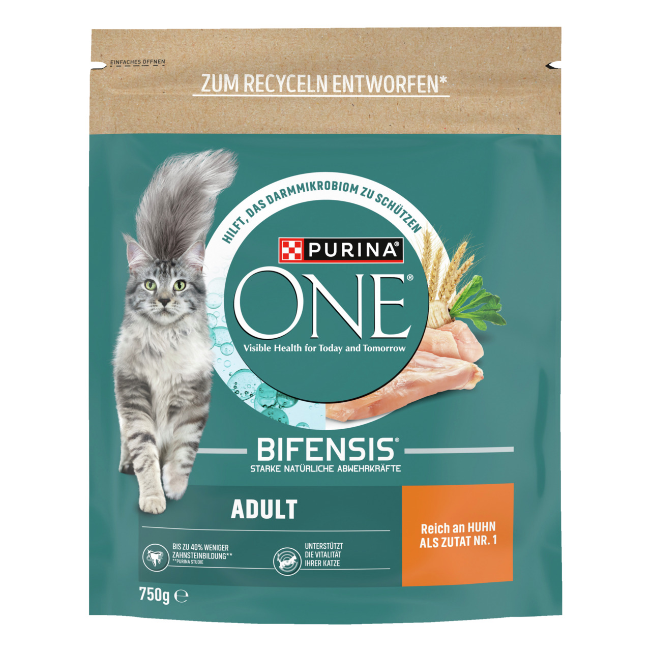 Das Bild zeigt eine Verpackung des Katzenfutters „Purina ONE Bifensis Adult“ mit 750 g Inhalt. Es ist für ausgewachsene Katzen geeignet und enthält Huhn als Hauptzutat. Die Verpackung hebt die Unterstützung der Darmgesundheit und natürliche Abwehrkräfte h