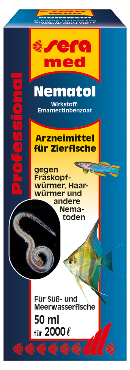 Das Bild zeigt die Verpackung des Produkts "Sera med Professional Nematol", ein Arzneimittel für Zierfische. Es enthält den Wirkstoff Emamectinbenzoat und ist wirksam gegen Fräskopfwürmer, Haarwürmer und andere Nematoden. Geeignet für Süß- und Meerwasserf
