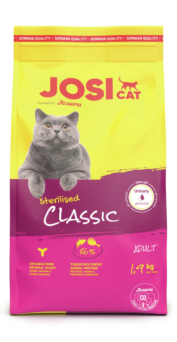 Josera JosiCat Sterilised Classic, für sterilisierte erw. Katzen, tier. Eiweiß, 86 % tier. Proteine, 1,9 kg, optim. Harn-pH 6,0–6,5.
